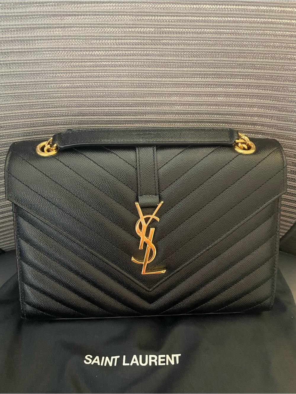 Saint Laurent Black Chevron Quilted Shoulder Bag with Gold YSL Logo
